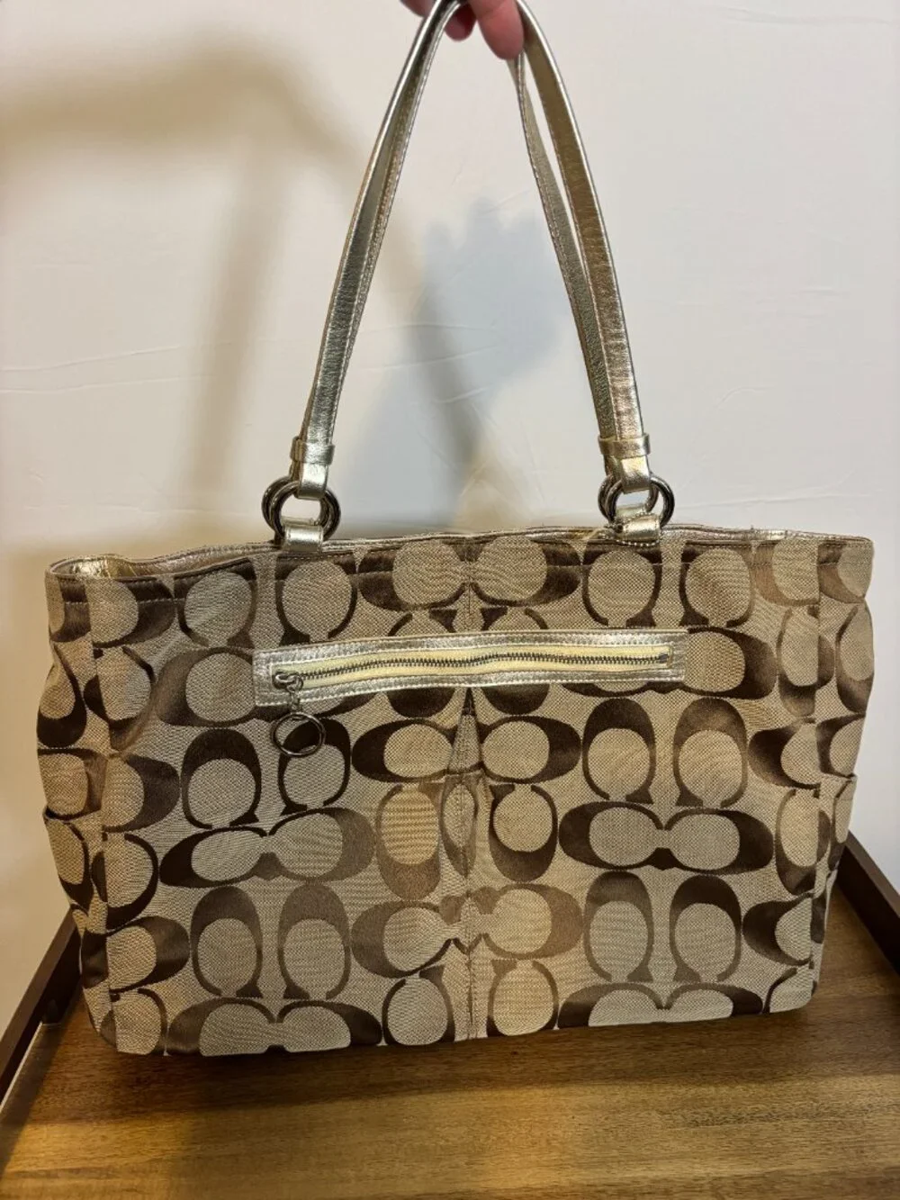 Coach Gabby Signature Khaki Metallic Gold XL Tote